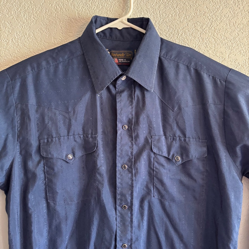 Vtg Panhandle Slim Mens Western Shirt Cowboy Navy Blue Pearl Snap 16.5 x 35 USA - Picture 2 of 6